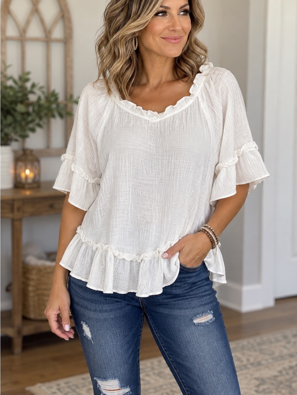 Women's White Ruffle-Trim Gauze Top